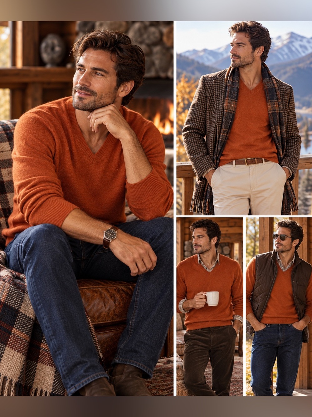 Johnston & Murphy Men's V-Neck Sweater in Rust Orange Silk Knit & Angora